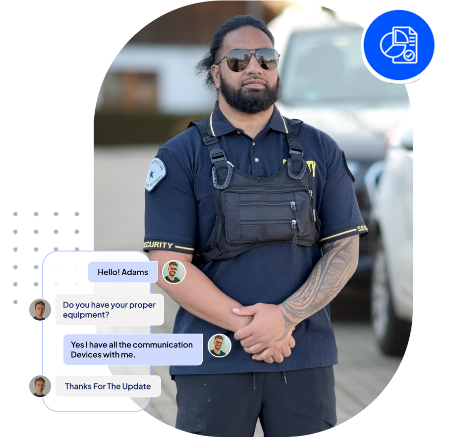 Interactive dashboard for security guards with smart assistance Security guard dashboard interface with greeting and question prompts