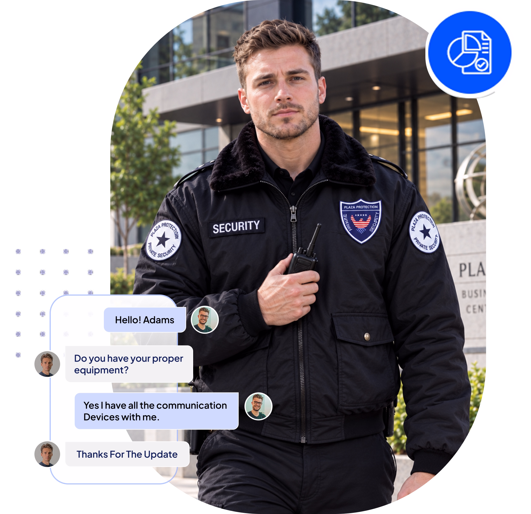 Interactive dashboard for security guards with smart assistance Security guard dashboard interface with greeting and question prompts